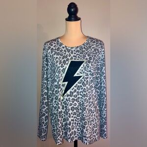 Women's Plus 1x Cato Gray Leopard/Lightning Bolt Long Sleeve Knit Top/Shirt, 1X